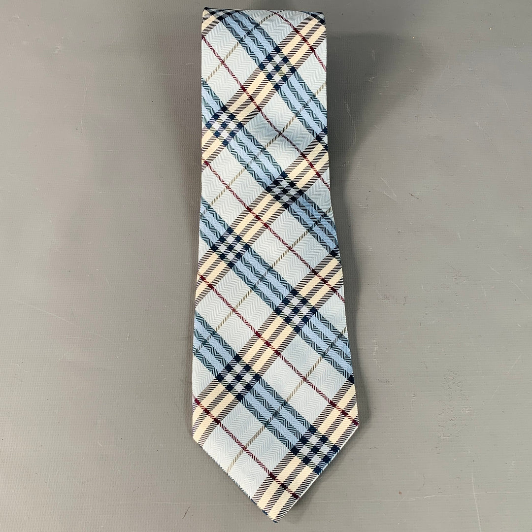 BURBERRY LONDON Blue White Red Herringbone Plaid Silk Tie