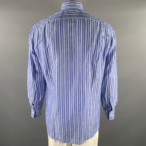 KITON Size L Blue White Stripe Linen Cotton Pointed Collar Long Sleeve Shirt