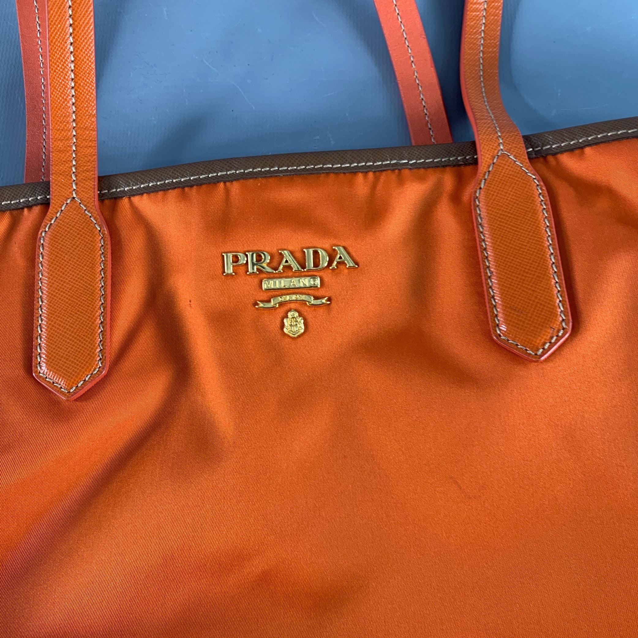 PRADA Orange Gold Saffiano Nylon Leather Trim Tote Handbag – Sui
