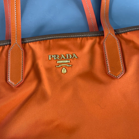 PRADA Orange Gold Saffiano Nylon Leather Trim Tote Handbag