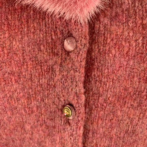 BLUMARINE Size 4 Pink Heather Wool Blend Fur Collar Cardigan
