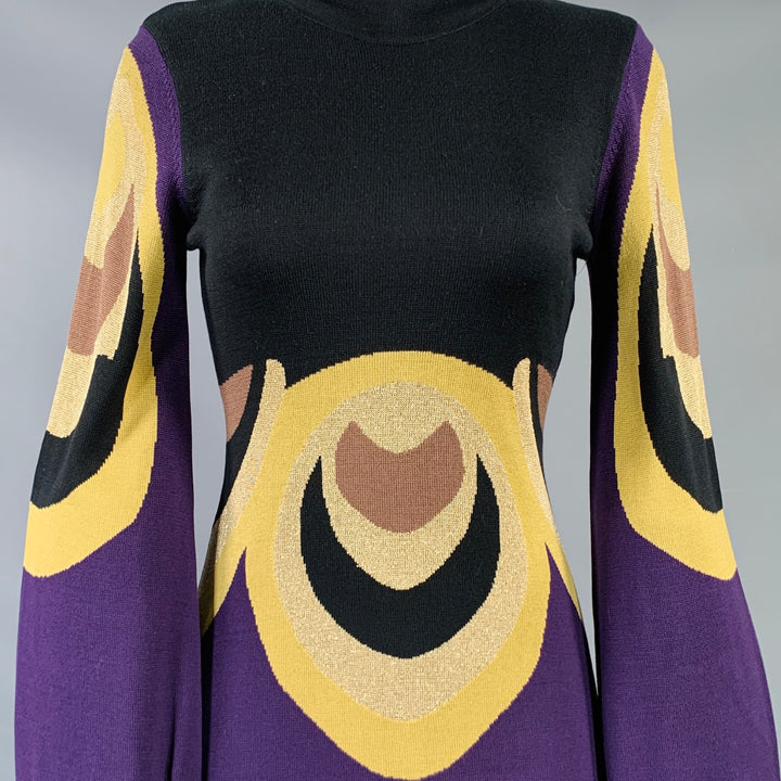 TEMPERLEY Size 6 Black Gold Silk Blend Abstract Bishop Sleeve Above Knee Dress