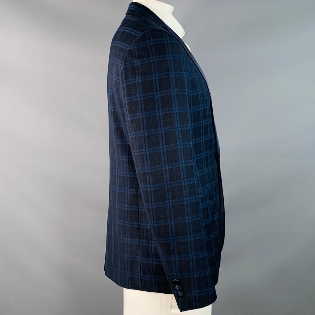 FARAH Size 42 Regular Navy Blue Plaid Polyester Blend Slim Fit Sport Coat