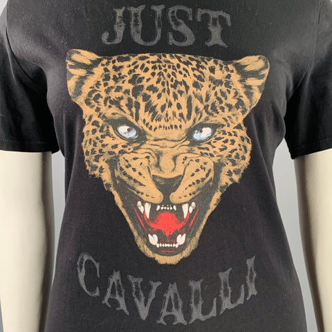 JUST CAVALLI Size L Black Brown Cotton Leopard Graphic Crew Neck T-Shirt