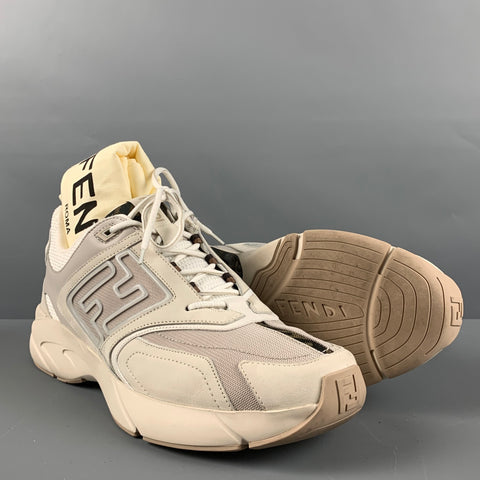 FENDI Size 12 Grey White Mixed Materials Lace Up Sneakers