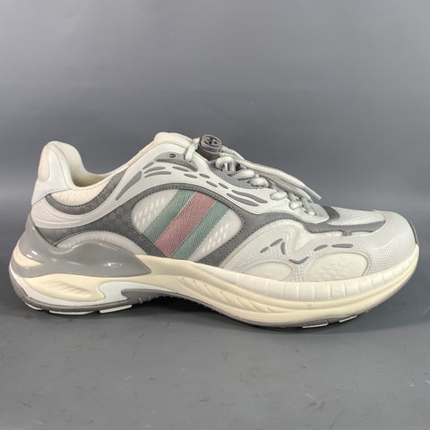 GUCCI Size 11.5 White Grey Leather Lace Up Sneakers