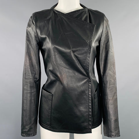 AKRIS Size 4 Black Wool Lambskin Leather Snaps Jacket