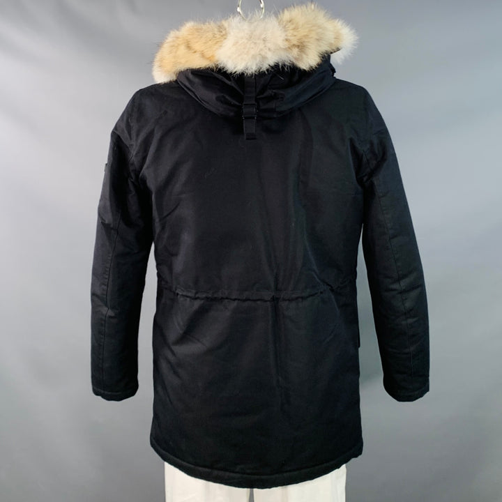 SANDRO Size L Black Beige Cotton Blend Fur Collar Zip Snaps Coat