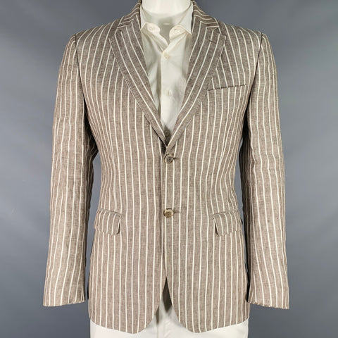 SAKS FIFTH AVENUE Size 42 Brown White Stripe Linen Notch Lapel Sport Coat