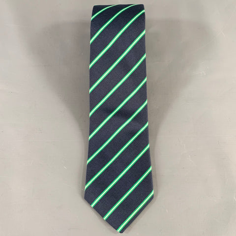 O'CONNELL'S Navy Green Diagonal Stripe Silk Wool Tie