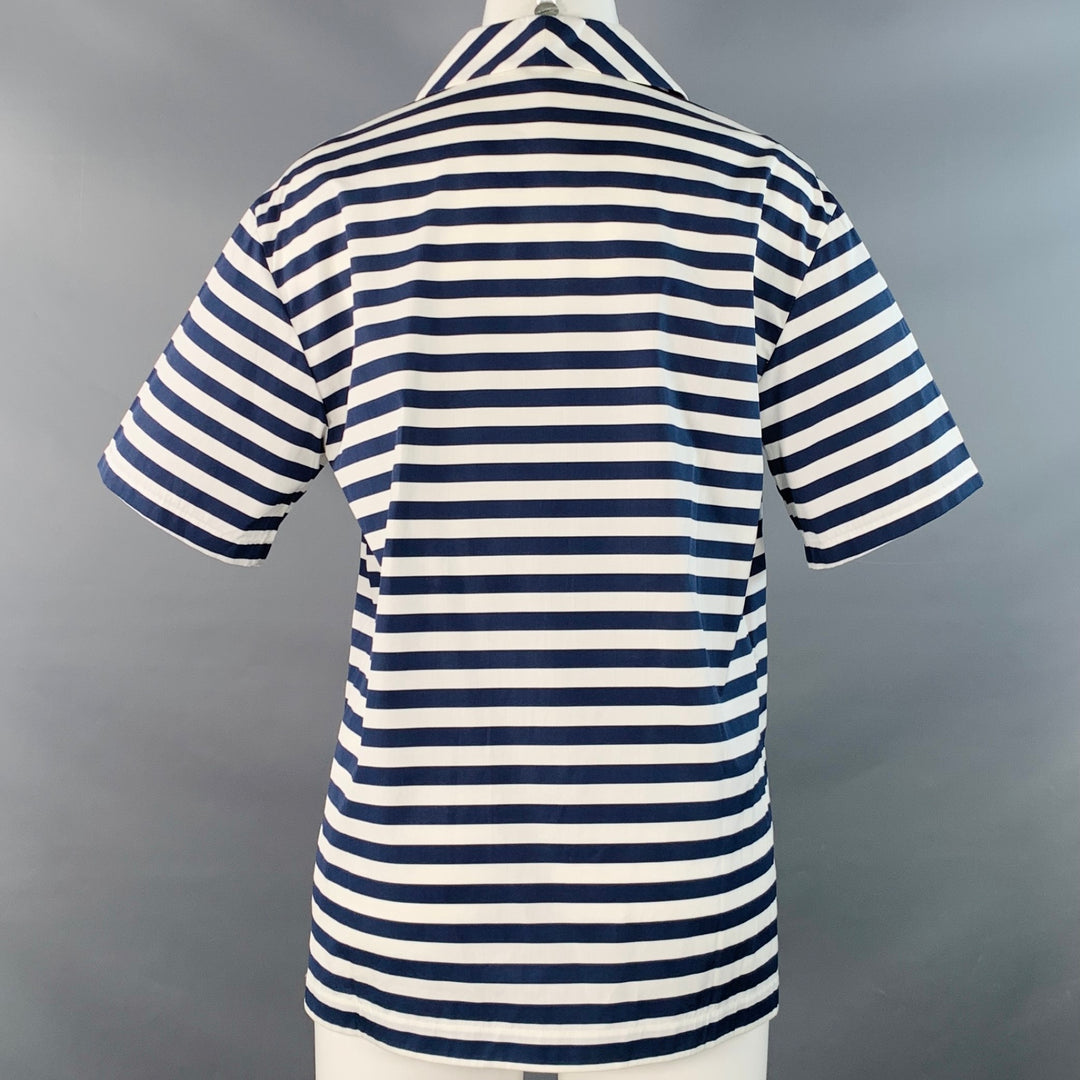 LORO PIANA Size 6 White Navy Cotton Stripe One Pocket Casual Top