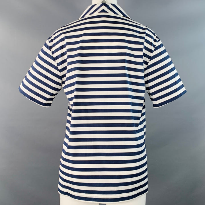 LORO PIANA Size 6 White Navy Cotton Stripe One Pocket Casual Top