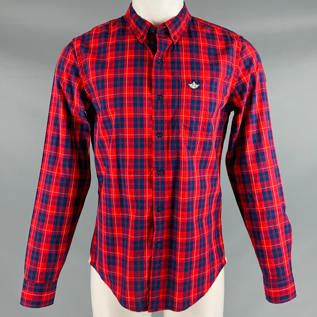 DOCKERS Size M Red Navy Plaid Cotton Button Down Long Sleeve Shirt