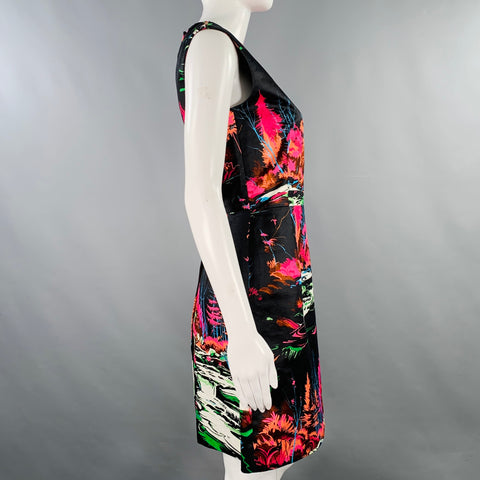 BALENCIAGA Size 4 Black Multi Color Cotton Floral Sleeveless Cocktail Dress