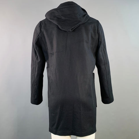 SANDRO Size S Navy Black Wool Blend Faux Leather Trim Toggle Closure Coat