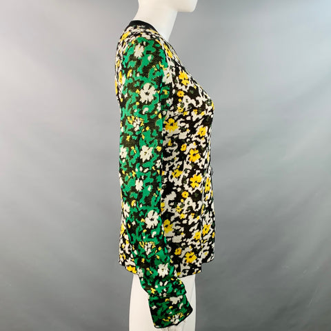 PROENZA SCHOULER Size M Black Green White Silk Color Block Floral Pullover