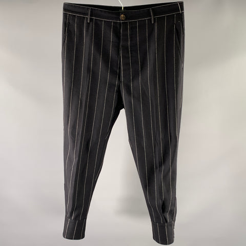 VIVIENNE WESTWOOD Size 34 Black Chalkstripe Wool Strap Cuff Dress Pants