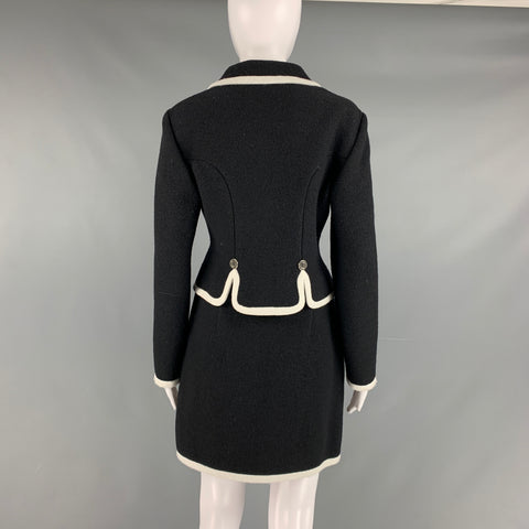 MOSCHINO Size 8 Black White Virgin Wool Contrast trim Single breasted Skirt Suit
