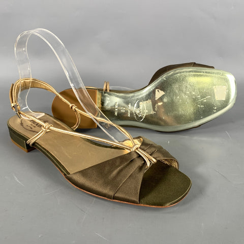 PRADA Size 9 Olive Gold Silk Metallic Leather Trim Strappy Sandals
