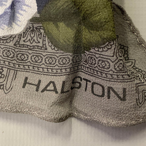 HALSTON Foulard en soie à pois et roses florales bleu vert blanc