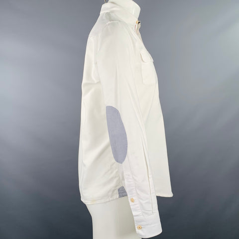 ARMANI JEANS Size S White Light Blue Cotton Elbow Patches Long Sleeve Shirt