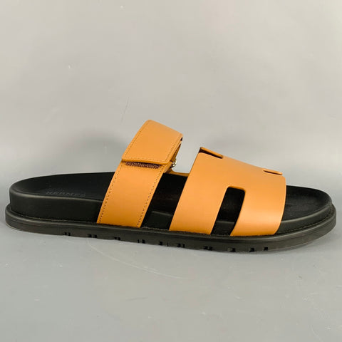 HERMES Size 8 Chypre Tan Black Leather Rubber Sole Sandals