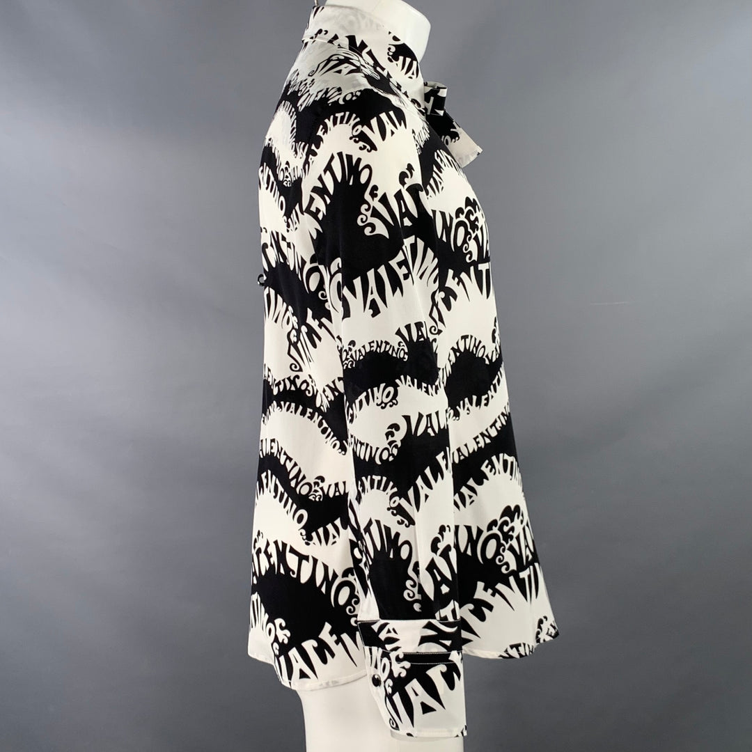 VALENTINO SS 1970 Archive Size S Black White Wave Print Silk Button Up Long Sleeve Shirt
