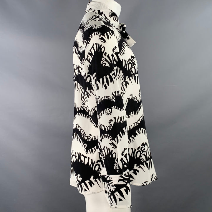 VALENTINO SS 1970 Archive Size S Black White Wave Print Silk Button Up Long Sleeve Shirt