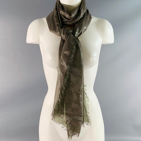 ROBERTO CAVALLI Silver Olive Marbled Modal Blend Jacquard Scarf Shawl