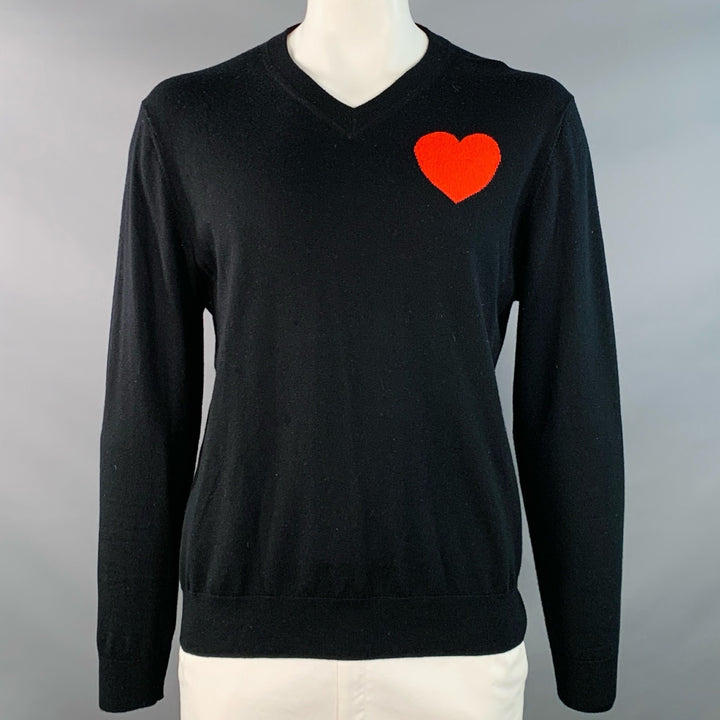 MR TURK Size XL Black Red Wool Heart V-Neck Pullover