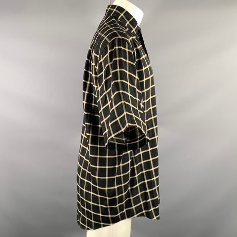 ERMENEGILDO ZEGNA Size M Black Yellow Cream Plaid Linen Rayon Short Sleeve Shirt