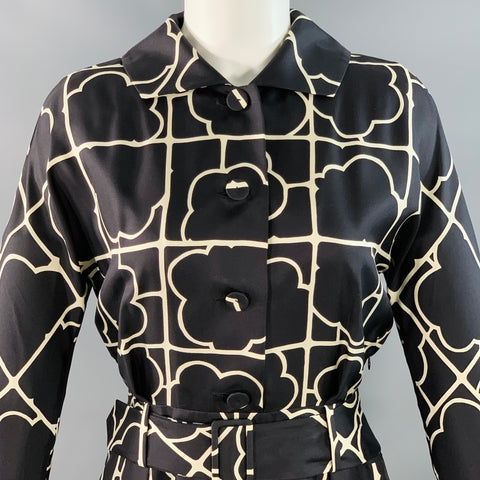 BARNEY'S NEW YORK Size 4 Navy White Silk Twill Geometric Belted Shirt Dress