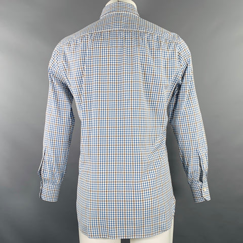 ISAIA Size M Blue White Brown Plaid Cotton Spread Collar Long Sleeve Shirt