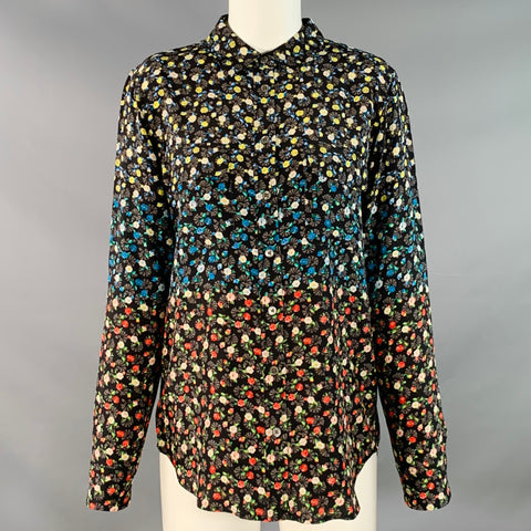 EQUIPMENT Size M Black Multi Color Silk Floral Stripe Two Pockets Shirt