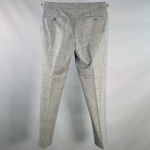 INCOTEX Size 32 Grey Teal Window Pane Wool Pleated Slim Fit Dress Pants