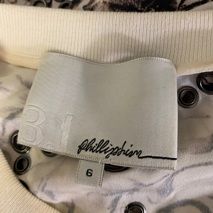 PHILLIP LIM Size 6 Cream Silk Floral Grommet T-Shirt