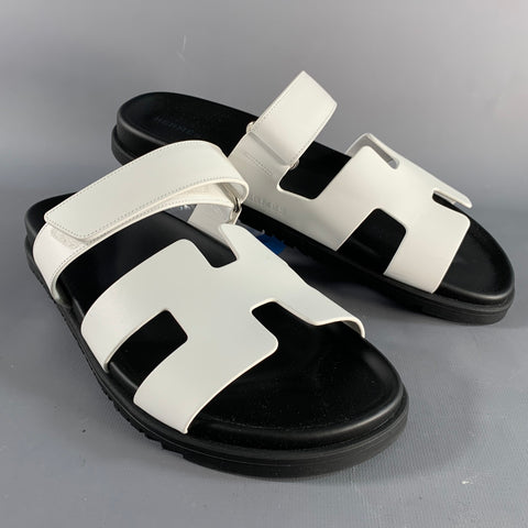 HERMES Size 9 White Black Leather Rubber Sole Sandals