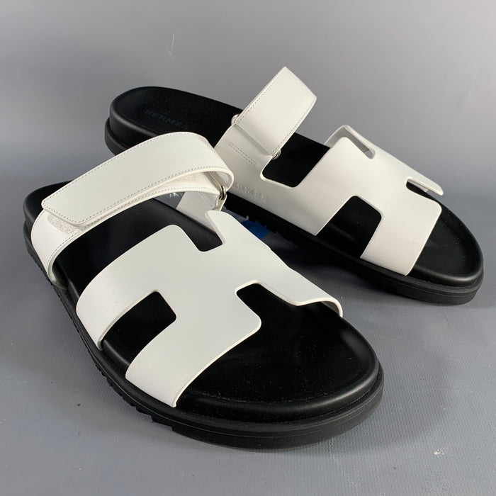 HERMES Size 9 White Black Leather Rubber Sole Sandals