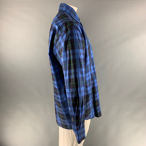 ROBERT TALBOTT Size XL Blue Black Plaid Cotton One pocket Long Sleeve Shirt