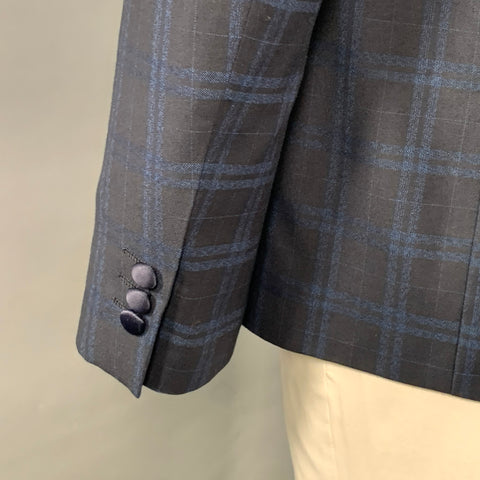 FARAH Size 42 Regular Navy Blue Plaid Polyester Blend Slim Fit Sport Coat