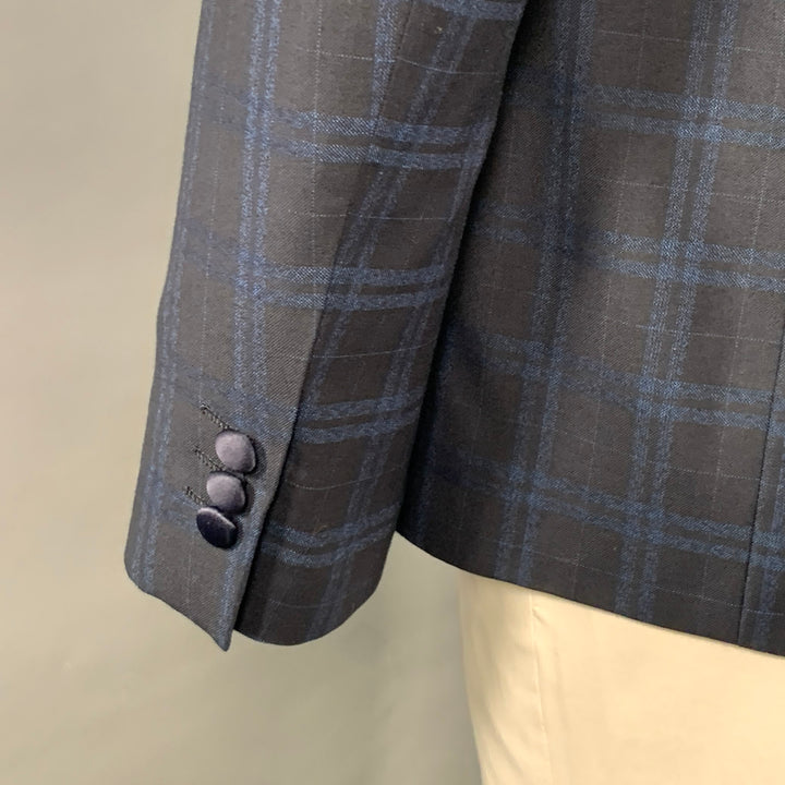 FARAH Size 42 Regular Navy Blue Plaid Polyester Blend Slim Fit Sport Coat