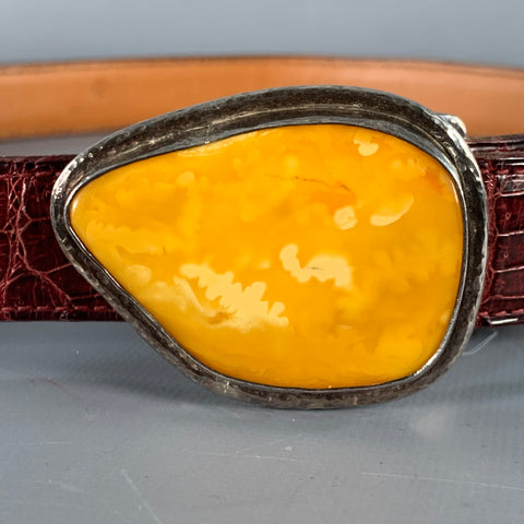 APRIL in PARIS Size S Burgundy Yellow Embossed Sterling Silver Belt