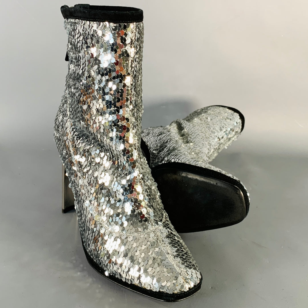 GIUSEPPE ZANOTTI Size 7.5 Silver Black Sequined Back Zip Booties
