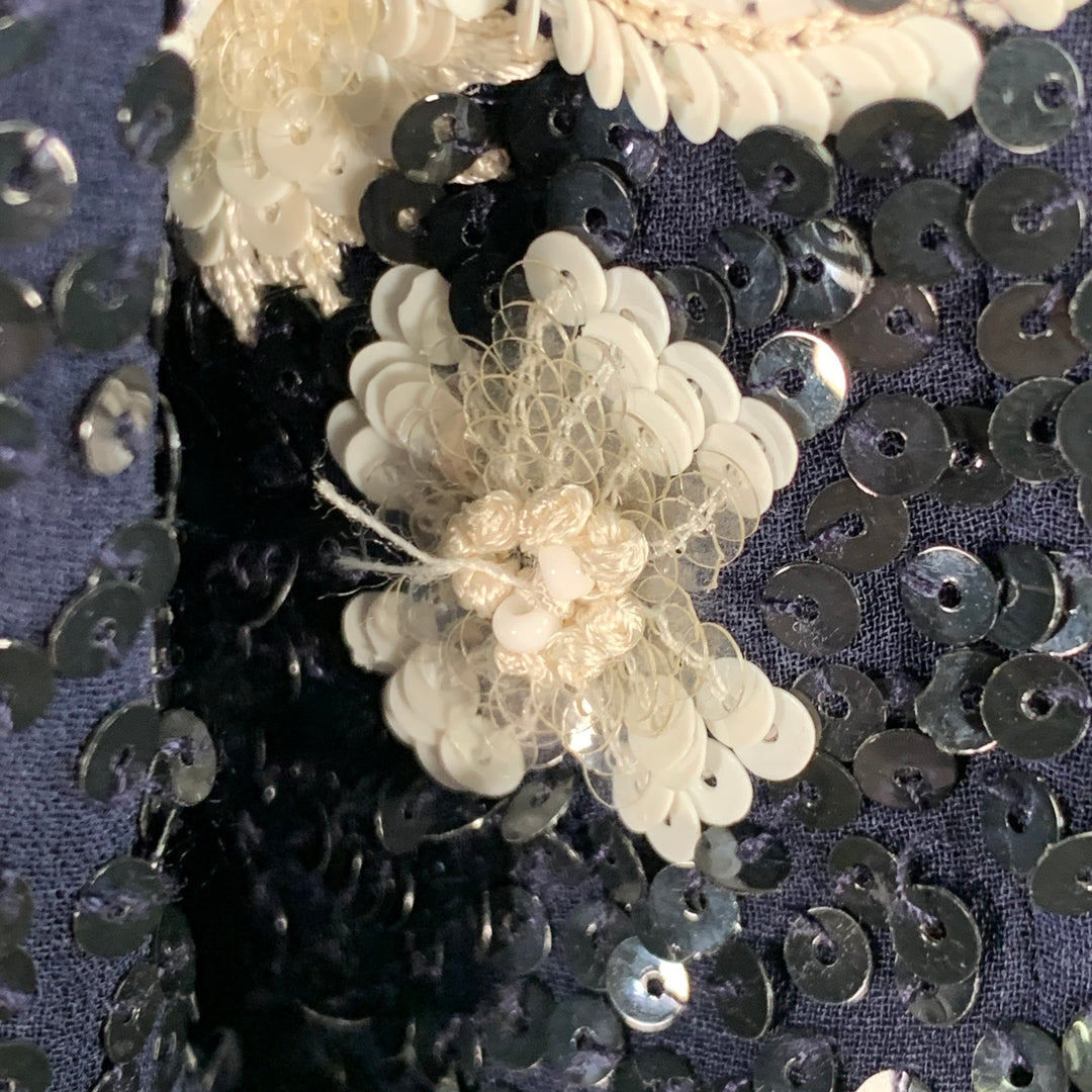 ESCADA Size L Navy Black White Sequined Beaded Floral Jacket Blazer