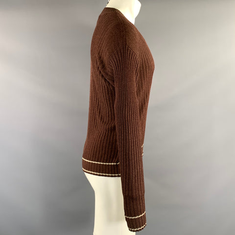 GIORGIO ARMANI Size S Brown White Rib Knit Cotton & Rayon V Neck Sweater