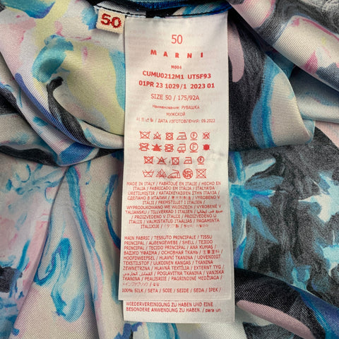 MARNI Size 40 Flaminia Veronesi Blue Black Print Silk Button Up Long Sleeve Shirt