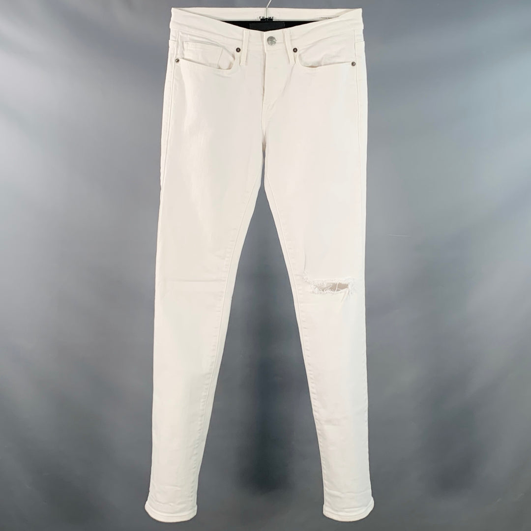 FRAME Size 29 Blanc Rips White Twill Cotton Blend Distressed Low Rise Skinny Jeans