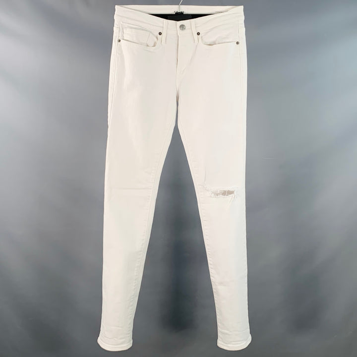 FRAME Size 29 Blanc Rips White Twill Cotton Blend Distressed Low Rise Skinny Jeans