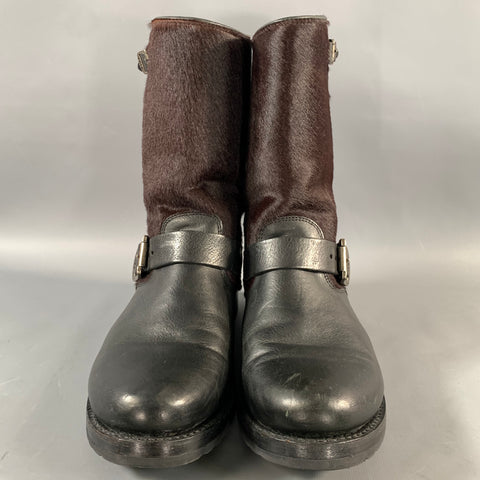 FRYE Size 9 Black Brown Leather Pony Hair Pull On Boots