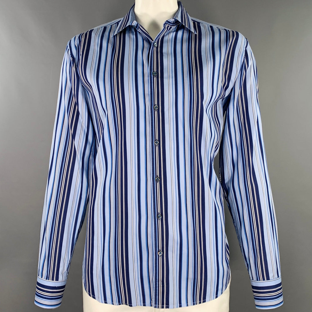 BUGATCHI UOMO Size XL Blue Navy Stripe Cotton Spread Collar Long Sleeve  Shirt